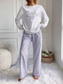 RueChic Conjunto de pijama con Top de manga larga con estampado de corazón y letra, y pantalones a rayas