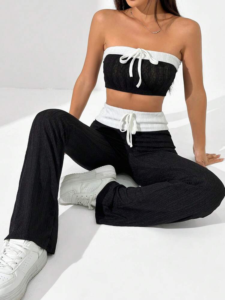 Women's Color Block Tie Front Cropped Tube Top And Flare Pants Two Piece Set