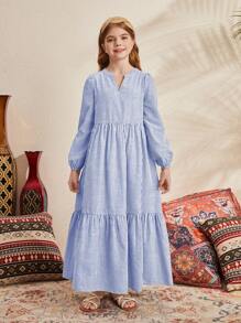 SHEIN 少女寬鬆針織休閒條紋長袖連身裙,配帶凹口領