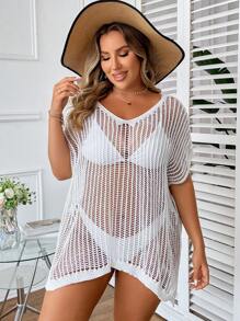 SHEIN Swim Curve Summer Plus Size Solid Color Hollow Out Knit Cover Up
