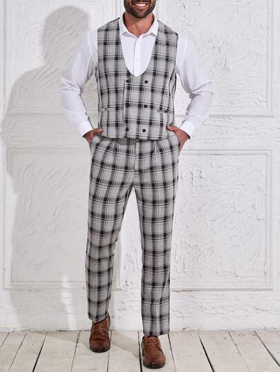 Manfinity Mode Men's Plus Size Plaid Patchwork Vest & Pants Suit, Business Formal Wear