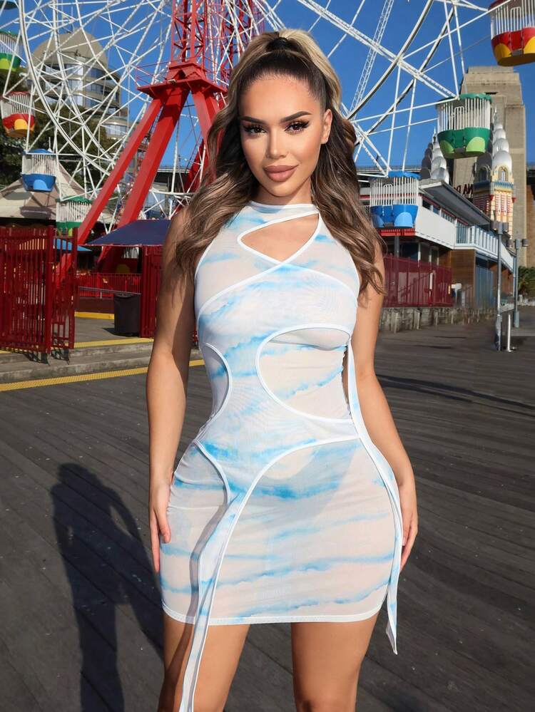 Music Festival Country Concert  Casual Summer Marble Printed Mesh Perspective Tight Belt Mini Dress