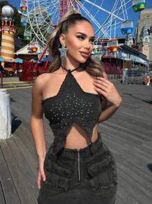 SHEIN SXY Falda Vaquera Midi Con Bolsillo De Borde Crudo Lavado, Traje De Festival Para Música Y Ropa De Mujer De Primavera Y Verano Estilo Oeste - Negro - Ver 9