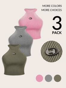 SHEIN EZwear CURVE Plus Size Women's Sleeveless Fitted Knitted Top, Multiple Pack - Multicolor - View 1