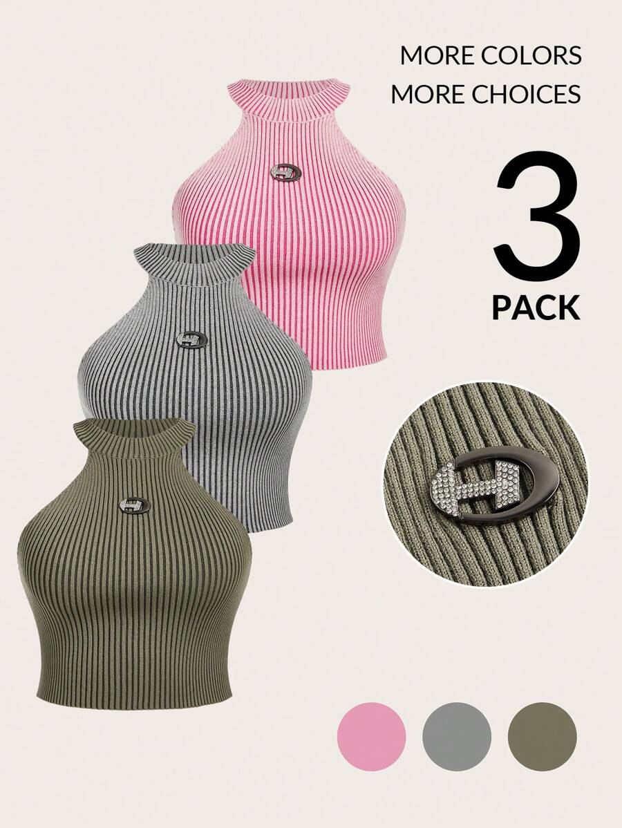 SHEIN EZwear CURVE Plus Size Women's Sleeveless Fitted Knitted Top, Multiple Pack - Multicolor - View 1