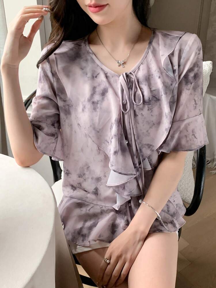 Women's Tie-Dye Wrap Design Ruffle Trim Decorated Blouse