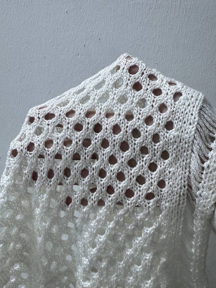 1pc Women's Tassel Trimmed Cropped One Shoulder Top And 1pc Tassel Hem Cover Up Skirt Set Summer