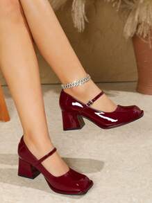 Autunno/Inverno 2025 Scarpe Mary Jane con tacco chunky per donna, taglia piccola, in pelle rossa/bordeaux con punta tonda, eleganti