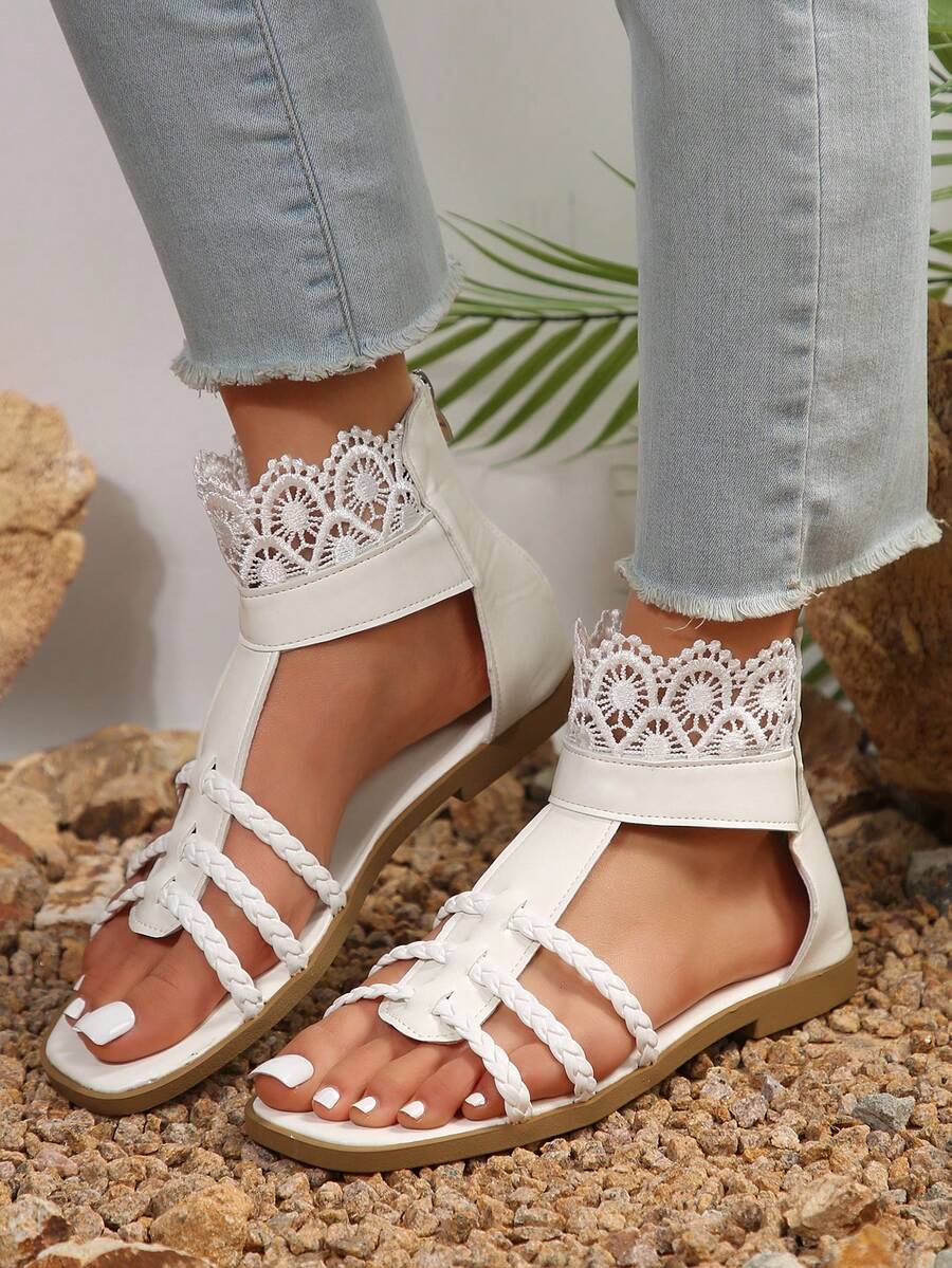 Women's Flat Lace Up Sandals White Color Roman Style Strappy Summer
