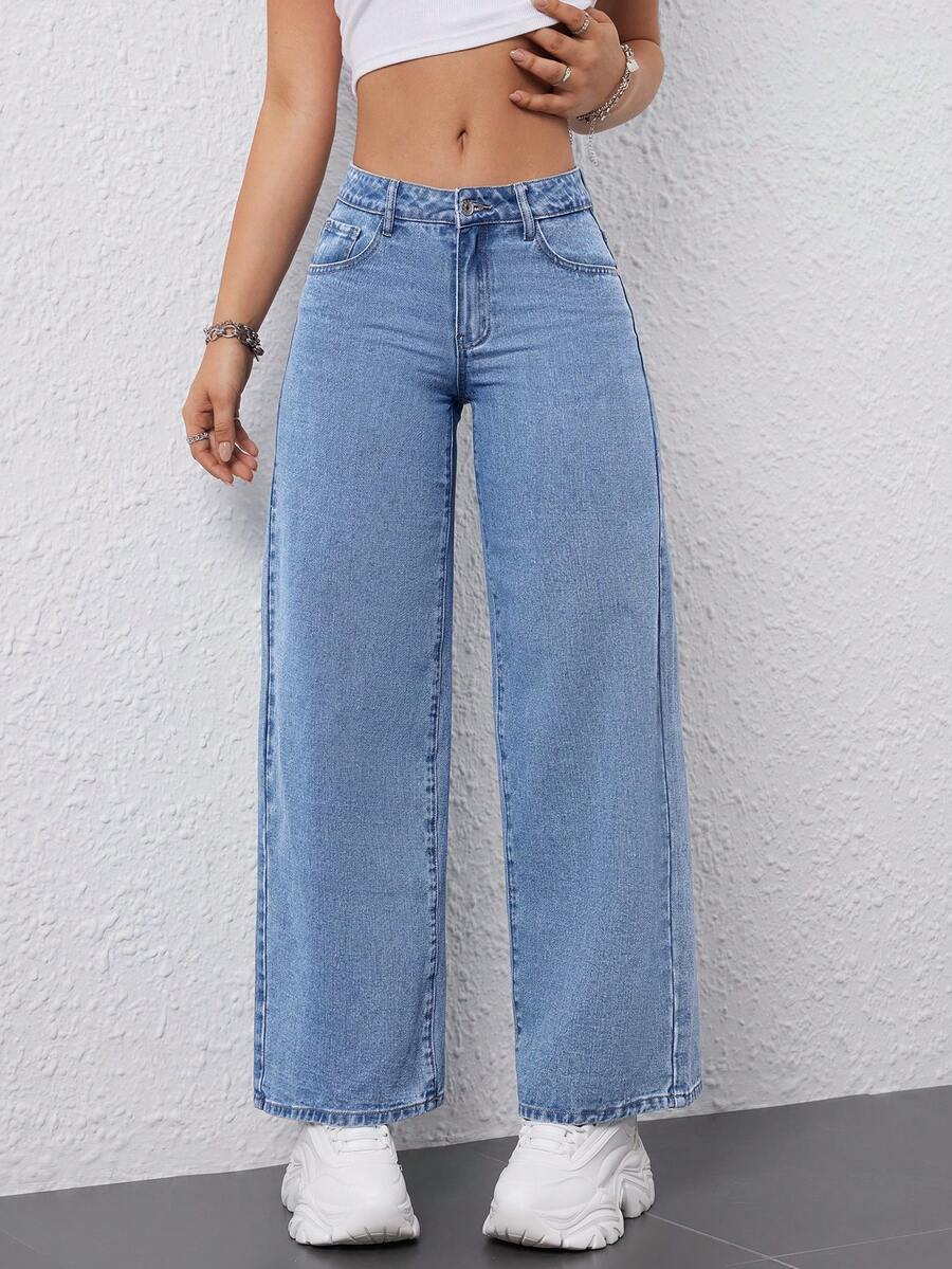 SHEIN EZwear 斜口袋寬鬆直筒牛仔褲,適合休閒穿著 - 淺色水洗藍 - 查看 1
