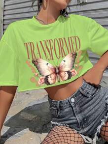 SHEIN EZwear 蝴蝶和字母印花短袖短款 T 恤图案 T 恤女式上衣 - 青檸色 - 查看 1