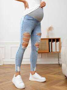 SHEIN Maternity Adjustable Elastic Waist Ripped Skinny Jeans - Light Wash - View 6