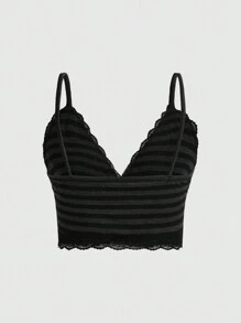 ROMWE Fairycore 條紋圖案蕾絲拼接吊帶上衣 - 深灰色 - 查看 2