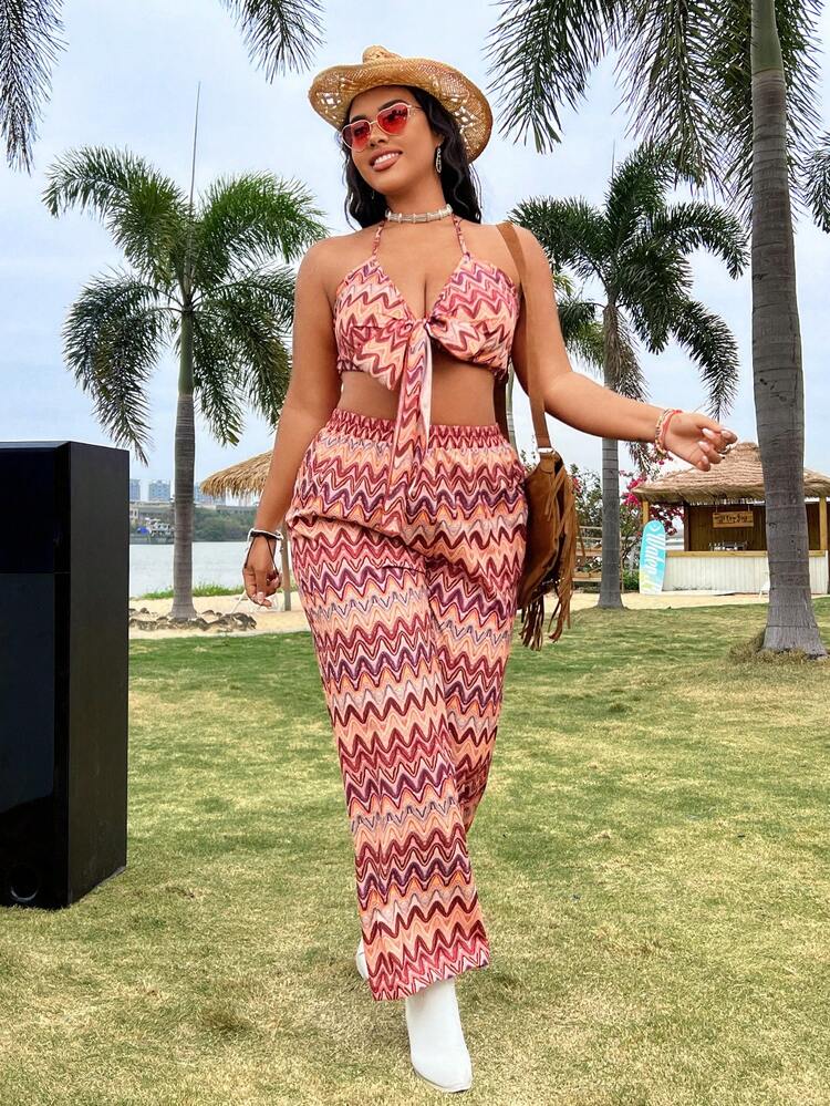 Plus Size Women's Wave Stripe Print Tie Front Halter Neck Tank Top And High Waisted Wide Leg Pants Set