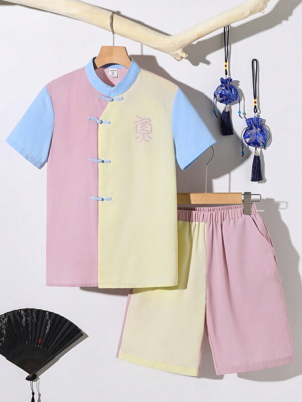 SHEIN Tween Jungen Casual Stehkragen Farbblock Shirt und Shorts Hanfu Stil Zweiteiliges Set