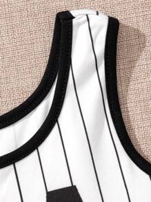 SHEIN Body sans manches tricoté pour jeune fille à rayures et lettres, col rond - Noir et Blanc - Voir 6