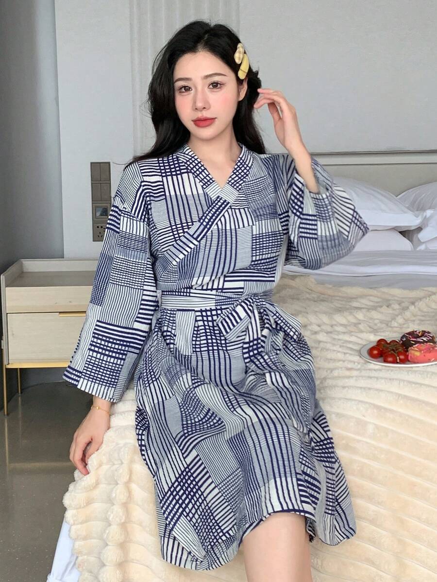DAZY Pijamale lungi, casual, cu imprimeu în carouri, lejer - Albastru - Vizualizare 1