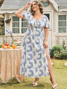 Dreamara 加大碼浪漫鄉村藍色花卉印花氣泡袖開叉連衣裙，沐浴夏日海灘假期氛圍 - 彩色 - 查看 5