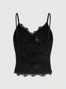ROMWE Fairycore Velvet Contrast Lace Cami Top - Black - View 2