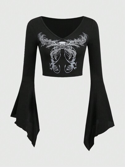 Fairycore Butterfly Print Flounce Sleeve Tee
