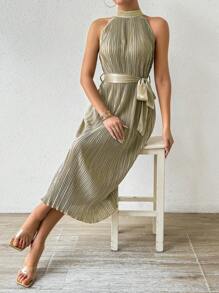 Chiquease Đầm Maxi Cổ Halter Thắt Lưng Xếp Ly Màu Trơn Cho Nữ Trang Phục - Màu Khaki - Xem 6