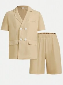 SHEIN Teen Boys' Short Sleeve Turn Collar Suit Jacket With Loose Shorts Or Trousers, Casual Outfits - Khaki - View 1