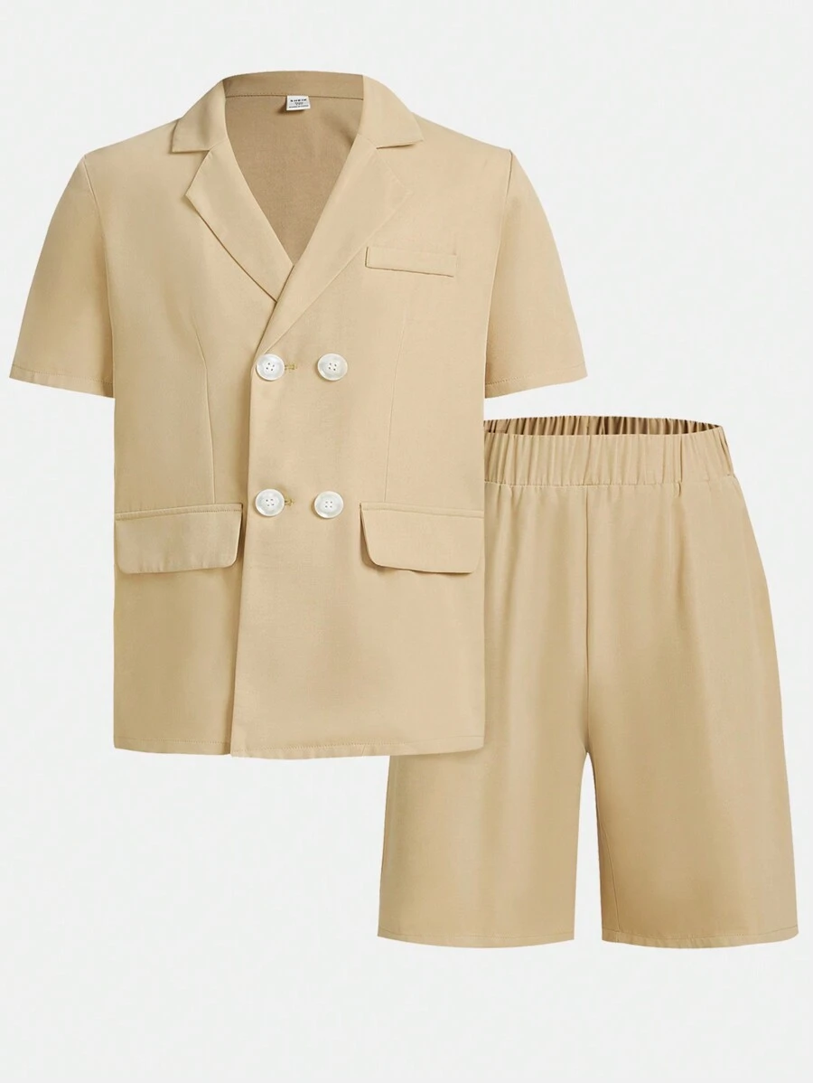 SHEIN Teen Boys' Short Sleeve Turn Collar Suit Jacket With Loose Shorts Or Trousers, Casual Outfits - Khaki - View 1