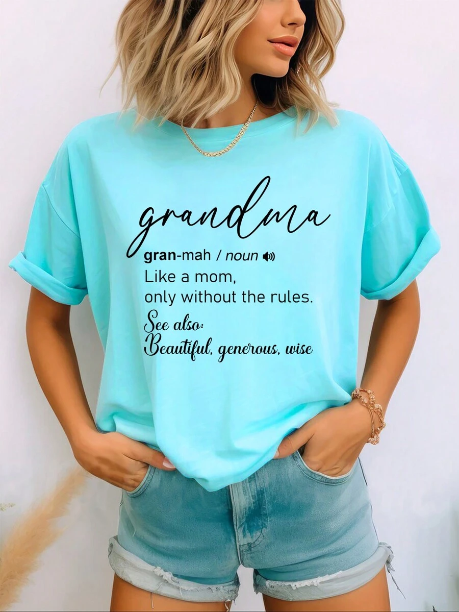 SHEIN LUNE Của phụ nữ In Khẩu hiệu Thả vai Ngắn tay Áo thun - Màu xanh nhạt - Xem 1