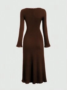 Sweetra Solid Color Contrast Lace Cinching Waist A-Line Dress Maxi Women Outfit Fall Cloth For Women - Brown - View 2