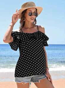 SHEIN Maternity Polka Dot Patchwork Ruffle Blouse With Ruffled Hem - Black - View 3
