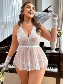 Women's Plus Size Sexy Mature Wedding Lingerie Two-Piece Set - White - View 4