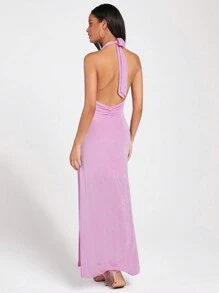 Forever 21 女士長款露背連身裙, 葉克蕾領,側縫,荷葉邊和開放式背部設計 - 粉色 - 查看 2