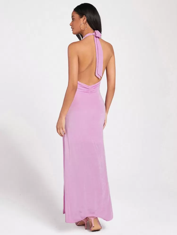 Ladies' Long Dress With Halter Neck, Side Slits, Frill And Open Back