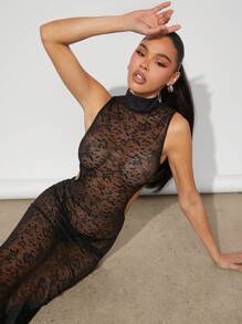 Hauture Vestido de Renda Transparente com Gola Padre e Cintura Vazada para Mulheres - Preto - Visão 6
