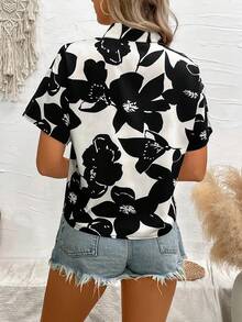 SHEIN Essnce 女士花卉印花短袖襯衫 - 寶藍色 - 查看 4