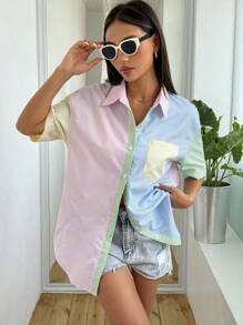 SHEIN Unity 女士短袖超大尺碼條紋拼接襯衫 - 彩色 - 查看 6