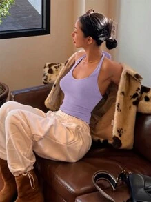 DAZY 純色修身領結頸上衣 - 紫羅蘭色 - 查看 4