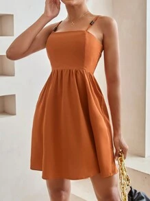 GENKIRA Waist Cinching Pleated Casual Cami Dress - Camel - View 4
