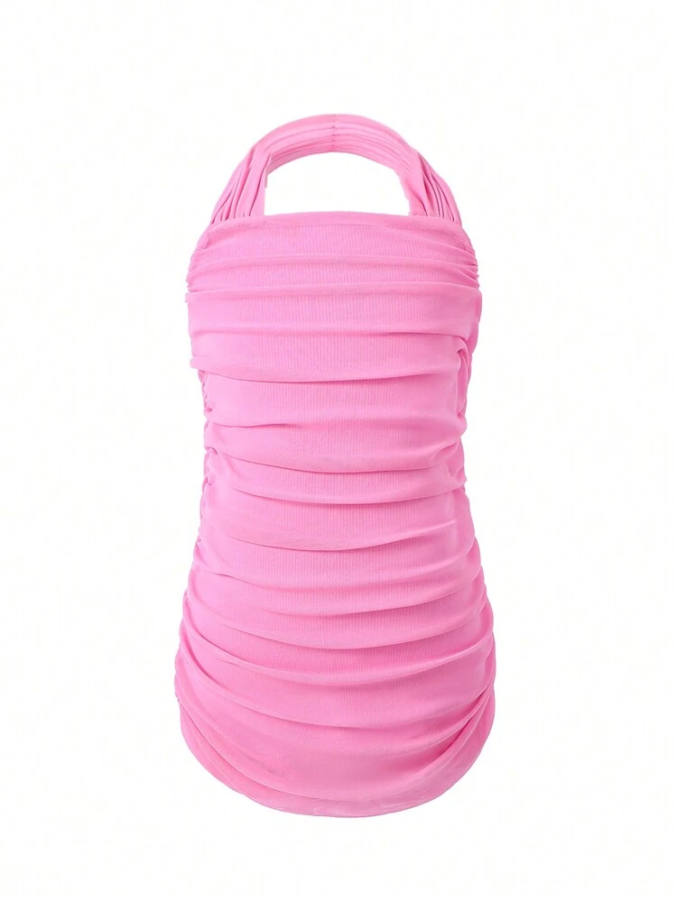 Young Girl Solid Color Pleated Halter Neck Dress For Music Festivals