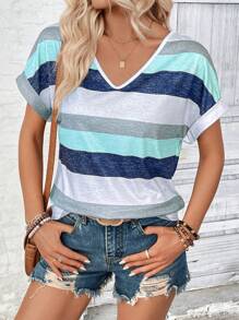 SHEIN LUNE Color Block Striped Batwing Sleeve Casual T-Shirt Graphic Tees Women Tops