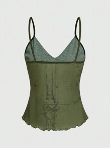 ROMWE Fairycore Butterfly Print Cami Top - Army Green - View 2