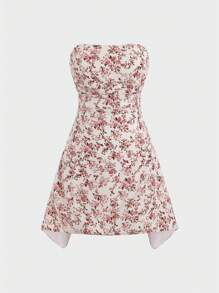 SHEIN Unity Strapless Flower Printed Dress - White - View 1