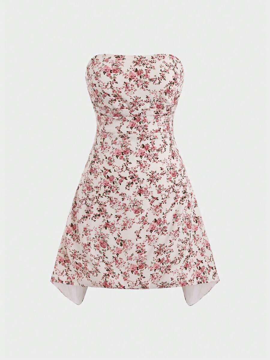 SHEIN Unity Strapless Flower Printed Dress - White - View 1