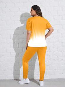 Flirla Plus Size Gradient Letter Printing Short Sleeve Top And Leggings - Yellow - View 2