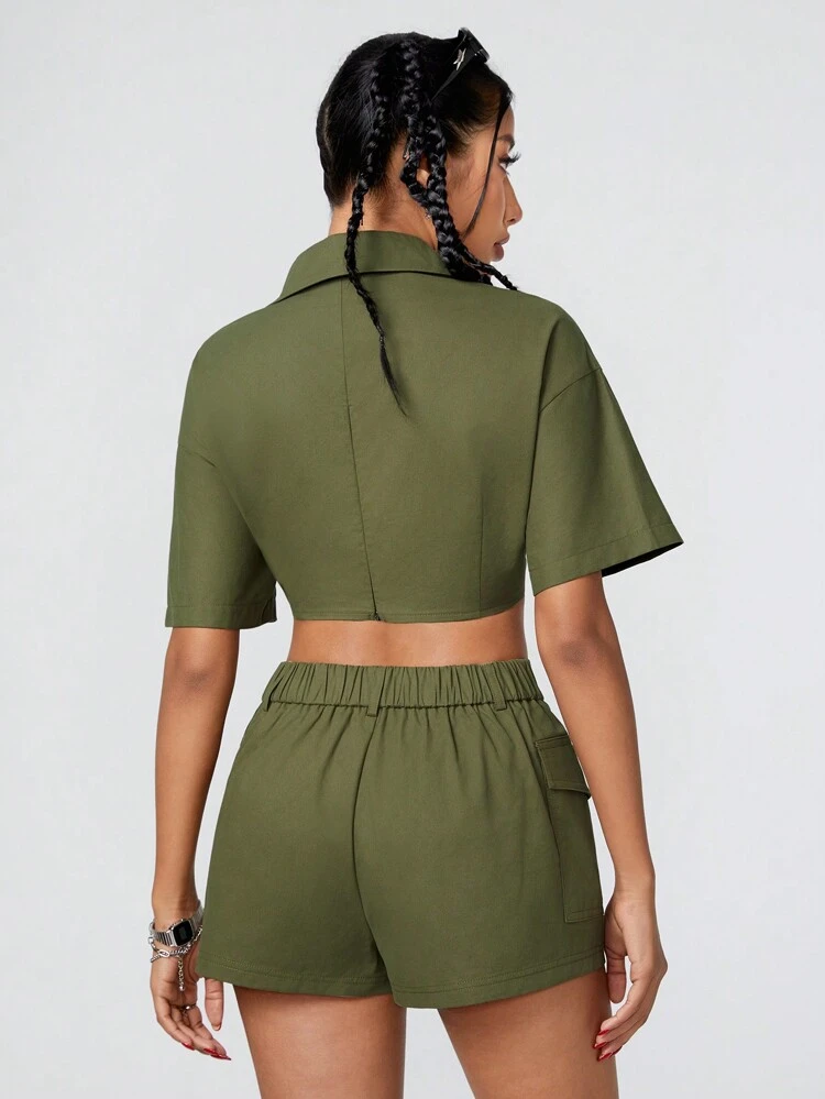 2pcs/Set Short Sleeve Cargo Shirt And Shorts