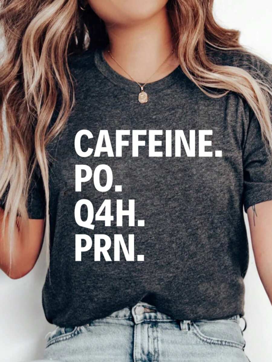 SHEIN EZwear Của phụ nữ Lá thư In Vòng cổ Áo thun - Xám - Xem 1