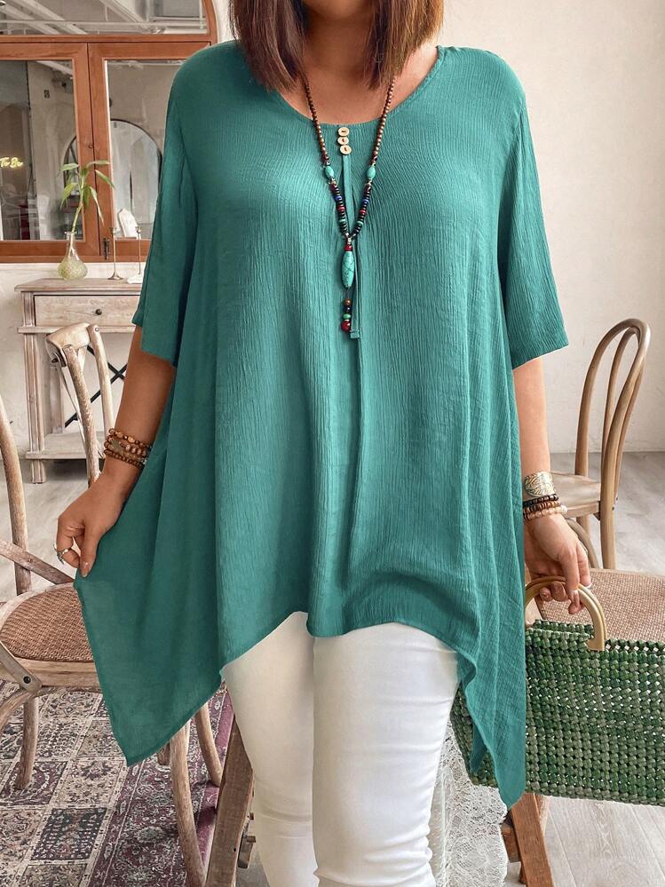 SHEIN LUNE Große Größen Bluse in Unifarbe, lässig-locker geschnitten mit asymmetrischem Saum - Grün - Übersicht 1