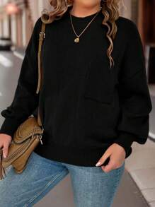 SHEIN LUNE 加码落肩口袋拼接毛衣，适合冬季和秋季穿着的针织套头衫 - 黑色 - 查看 4