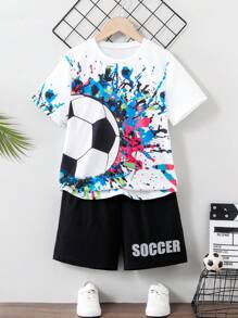 SHEIN 青少年男孩墨水灑搖滾足球印花T恤短袖上衣和字母印花短褲套裝