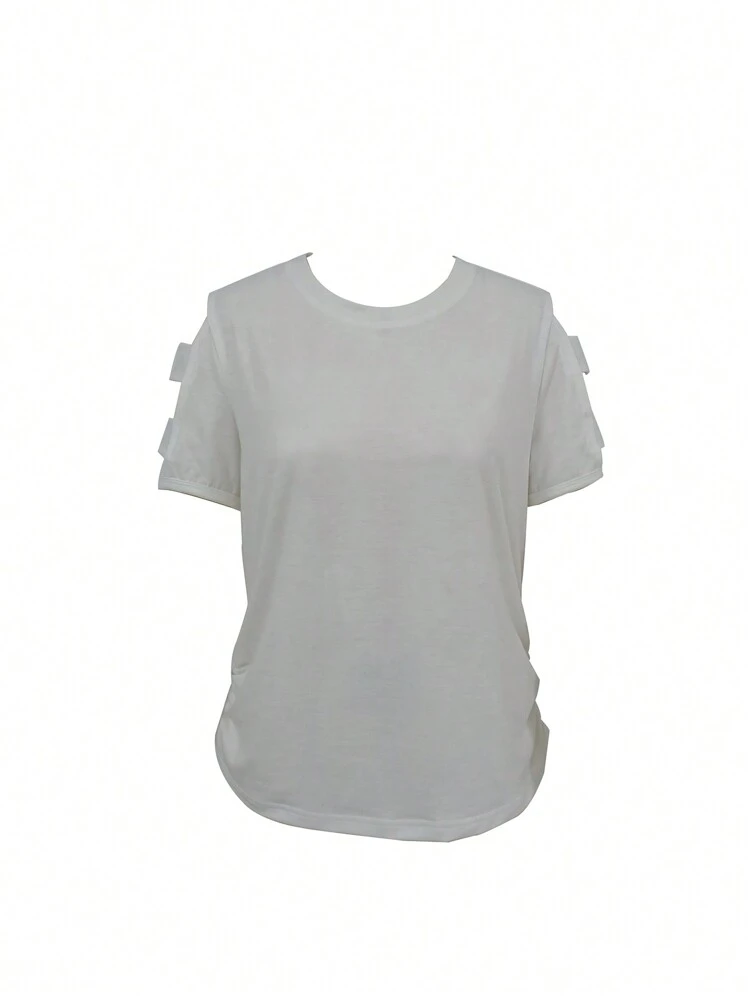 Women's Solid Color Short Sleeve T-Shirt With Hollow Out Sleeves And Round Neckline